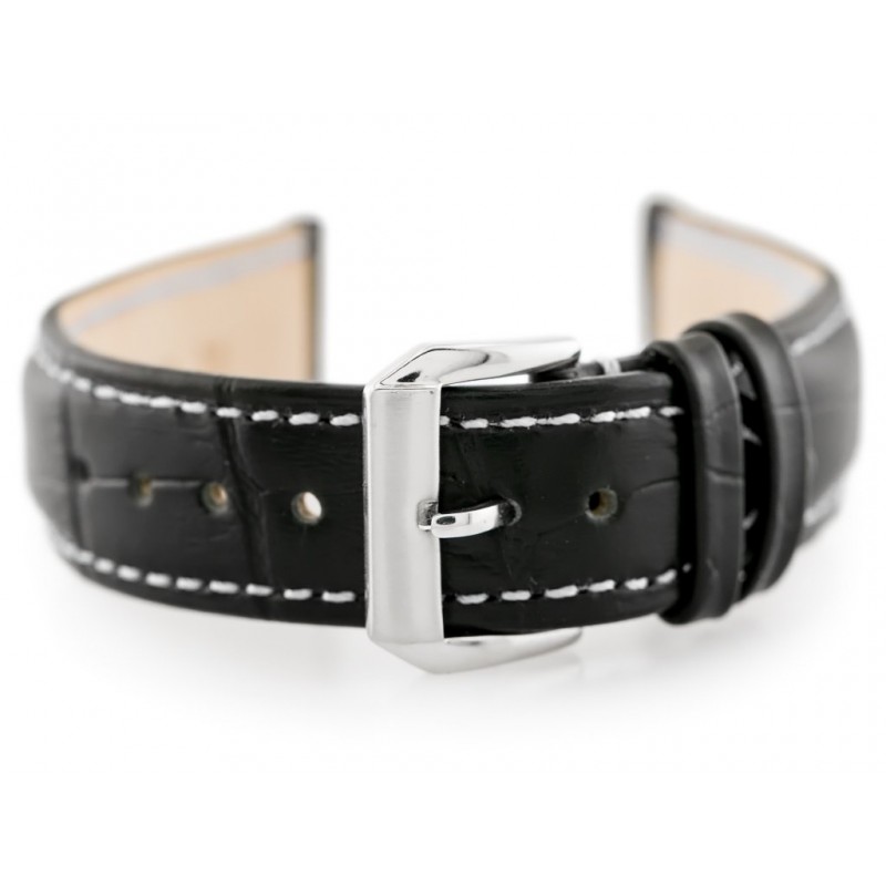 W64 leather watch strap - black/white 18mm  Pasek skórzany do zegarka W64 - czarny/biały 18mm