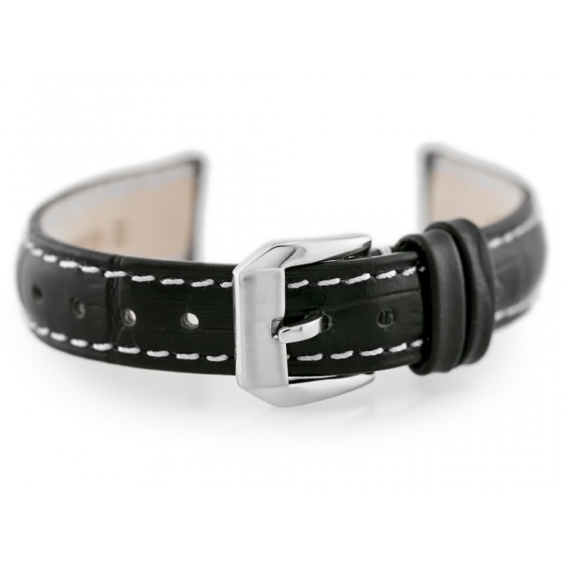 W64 leather watch strap - black/white 14mm  Pasek skórzany do zegarka W64 - czarny/biały 14mm