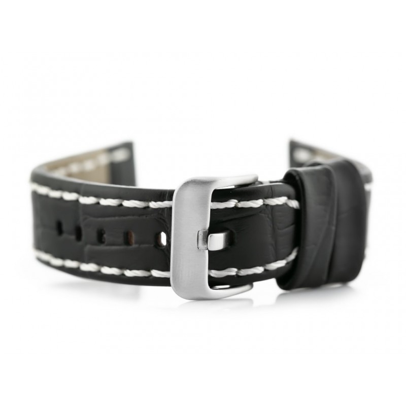 W49 leather watch strap - black/white - 22mm  Pasek skórzany do zegarka W49 -  czarny/białe - 22mm