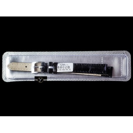 Boxed leather watch strap - black/black - 12mm