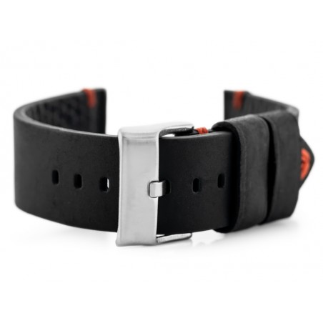 W93 leather watch strap - black/red. 22mm