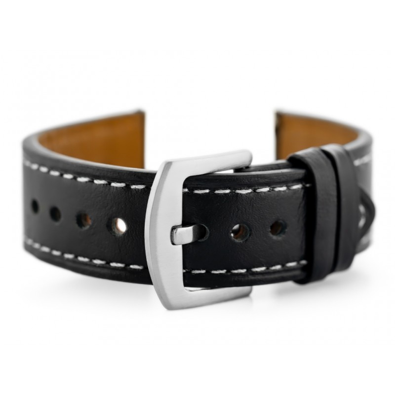 W81 leather watch strap - black/white 22mm  Pasek skórzany do zegarka W81 - czarny/biała 22mm